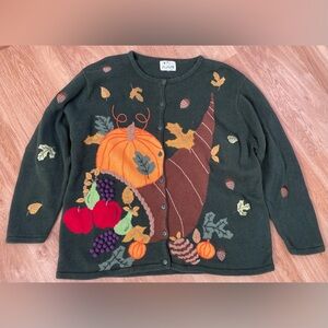 Vintage Quacker Factory holiday cardigan sweater green fall autumn XL 1X 2X